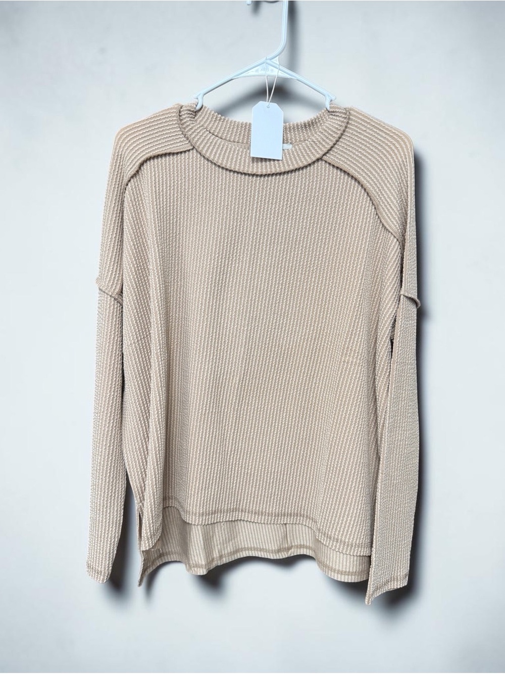 Zenana Outfitters Cream Ribbed Crewneck Sweater